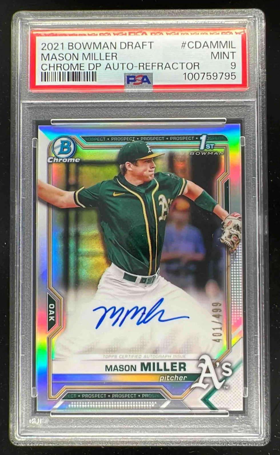 2021 Bowman Draft Chrome Pick Refractor #CDA-MMIL Mason Miller Auto /499 PSA 9