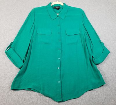 B.wear Button Up Shirt Women s Extra Large XL Green 3/4 Sleeve Sheer Two Pockets