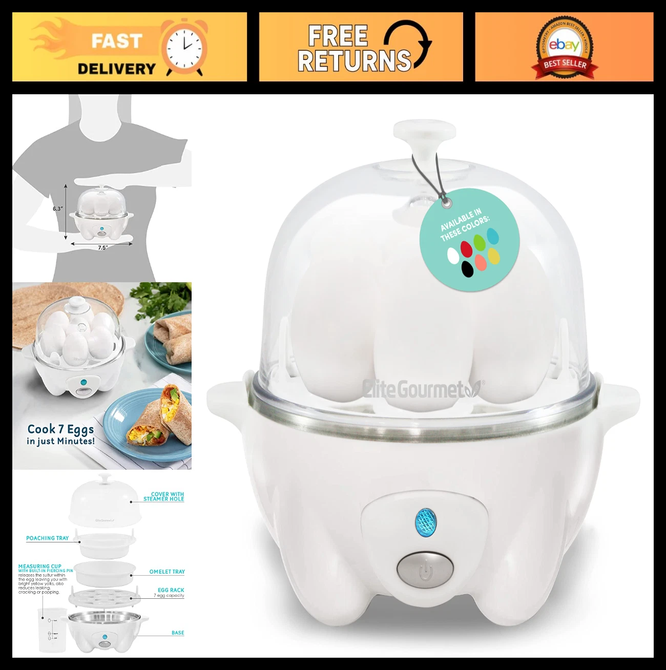 Rapid Egg Cooker - Boil 7 Eggs, Poach, Omelet Maker, Auto Shut-Off, Recipe Bookl