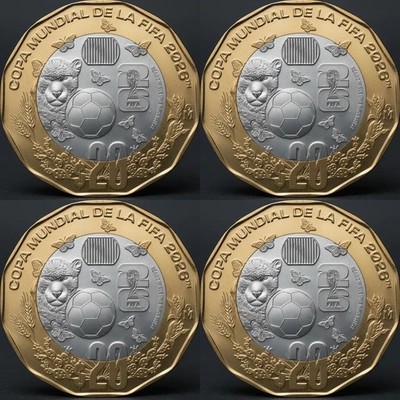 MEXICO 2026 WORLD SOCCER CUP Jaguar & butteflies  4 $20 BIMETALLIC coins BU scar