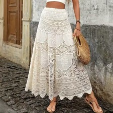 Women  s White Crochet Lace High Waist Maxi Skirt Elastic Pull-On Floral M