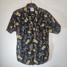 Mens Short Sleeve Button Up Shirt L Surfer Tiki Aloha Hawaiian Tropical Vacay BK