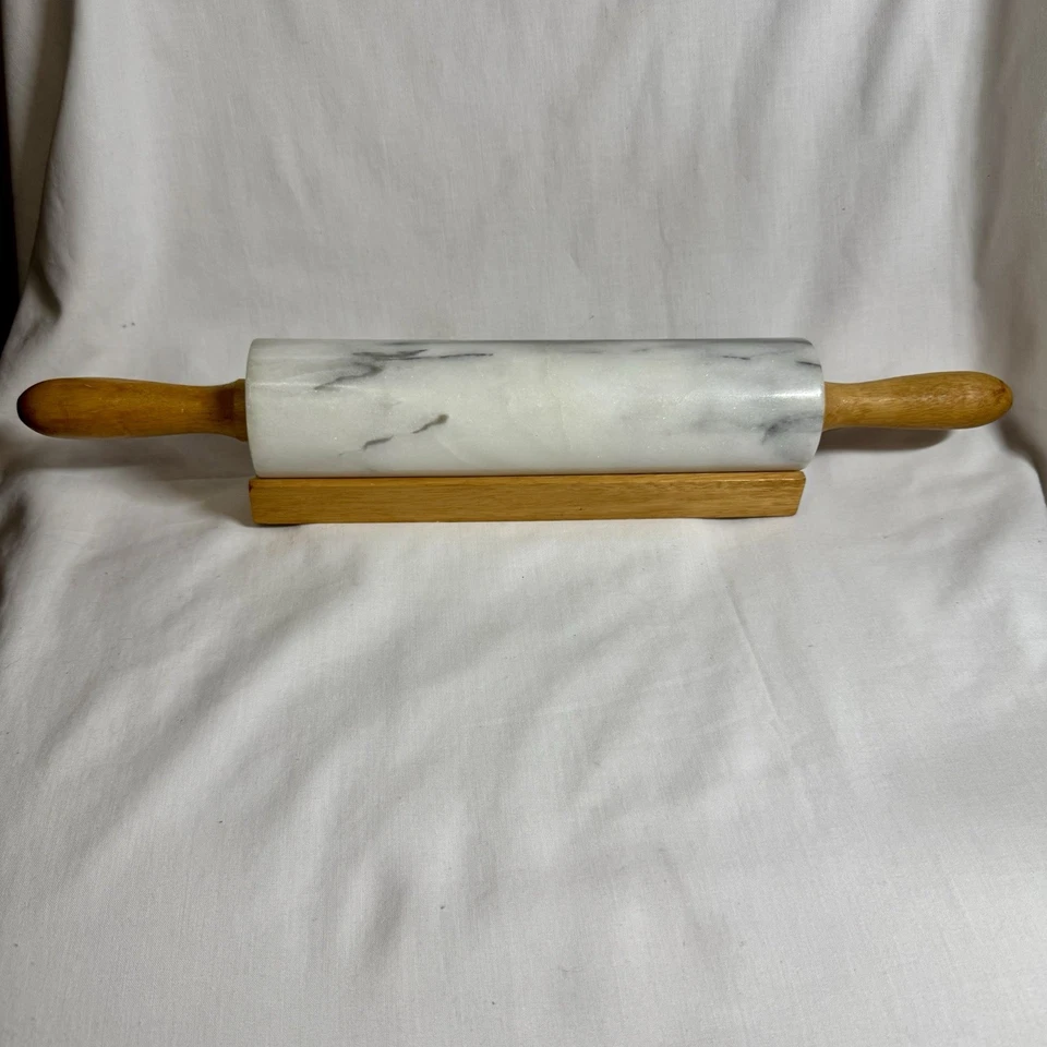 Two 10 Inch Barrel Marble Rolling Pins with One Wooden Cradle Base - Image 2 of 4