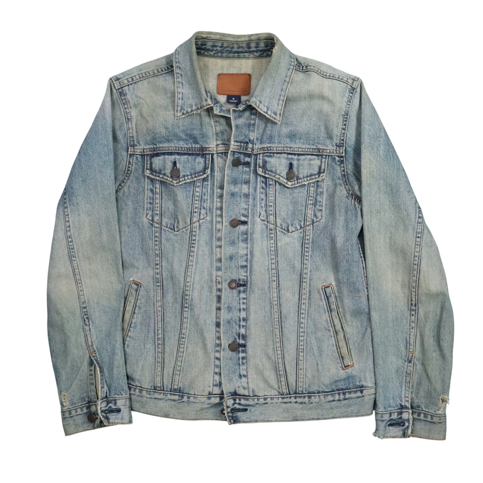 Gap 1969 Denim Trucker Jacket Mens M Light Wash Distressed Leather Patch Y2K Vtg