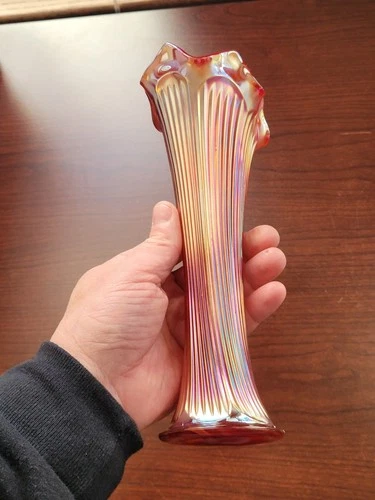 Super Slag Red Fenton Carnival Glass Fine Rib Vase Standard Size Base Chip