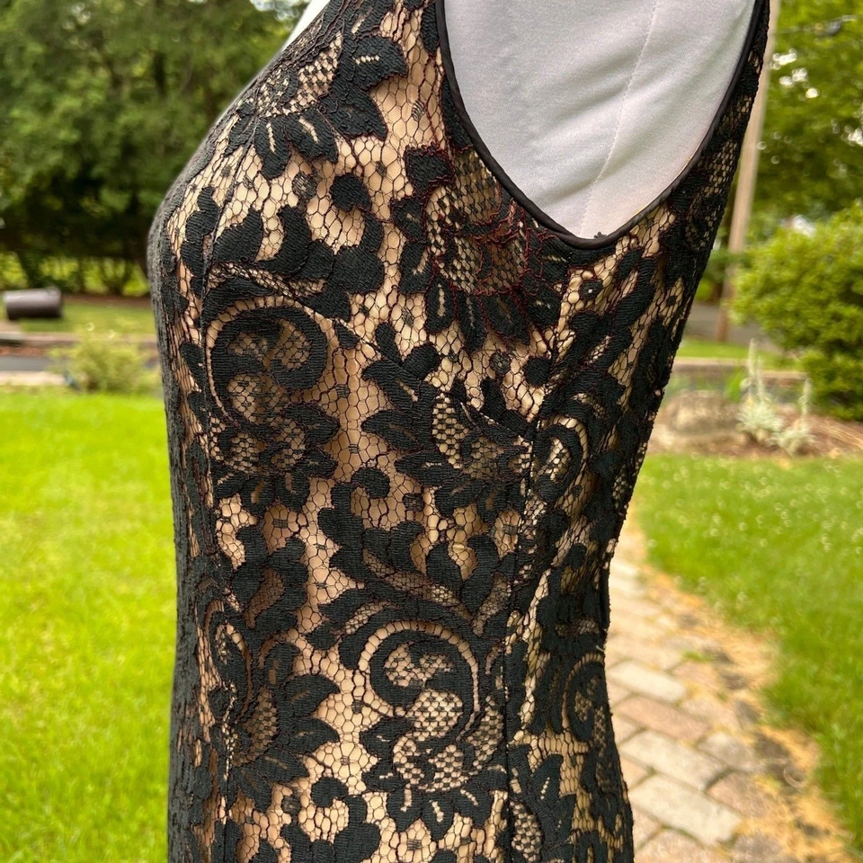 VTG S XS 60's Lee Jordan Long Black Lace illusion long gown wiggle ruffle hem  - Image 4 of 4