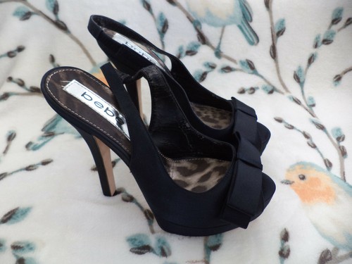 Bebe MARIAH Black Satin Sling Back High Heel Platform Shoes Women's 8 M - Picture 2 of 11