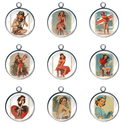 Pinup Girl Postage Stamp Glass Cabochon Charms, Jewelry Making Charms