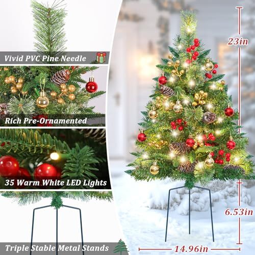 Set of 2 30” PreLit Pathway Christmas Trees, Green With Red & Gold