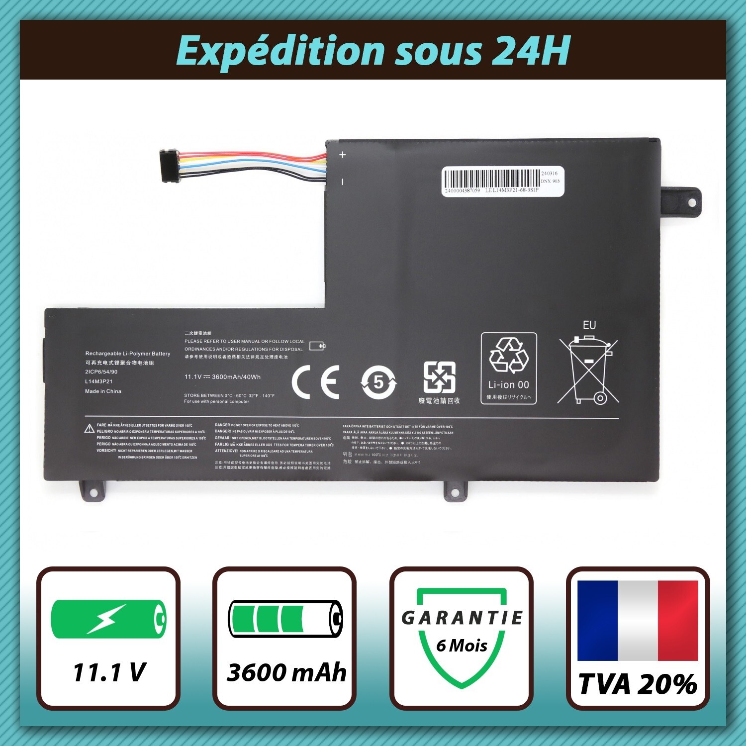 Batterie L14M3P21 pour Lenovo IdeaPad Yoga 500-15IHW 11.1V 3600mAh