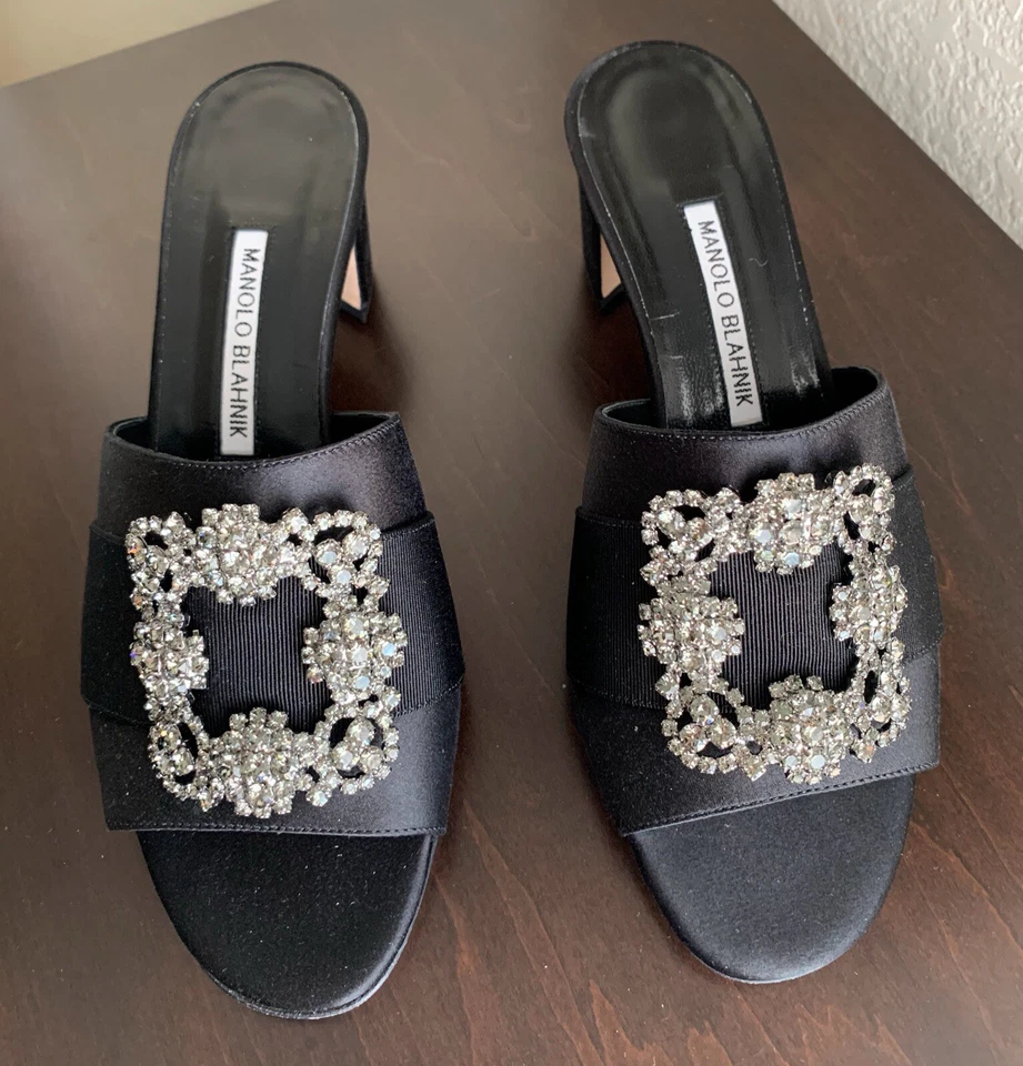 Manolo Blahnik Martanew 50MM Embellished Black Satin Mules size 39 Preowned - Image 2 of 4