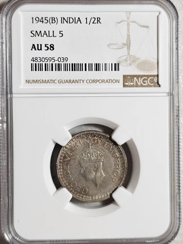 India 1/2 Rupee 1945B Small 5 NGC AU 58