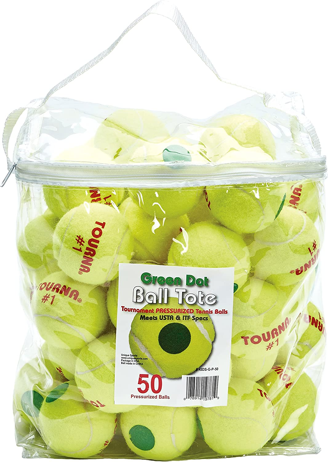 Tourna Pressurized Green Dot Tennis Balls 50 Ball Tote Bag Green Dot