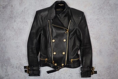 BALMAIN for H&M Women's Black Leather Biker Jacket - UK12 US8 EU38