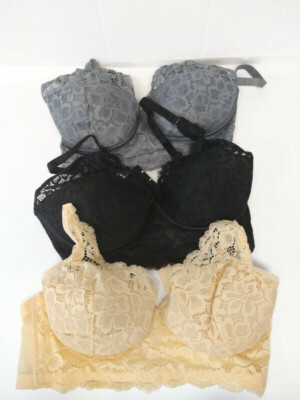 WM M 3 Bras Lace Cream Black Gray Underwire Back Hook Clasp Adjustable Straps 