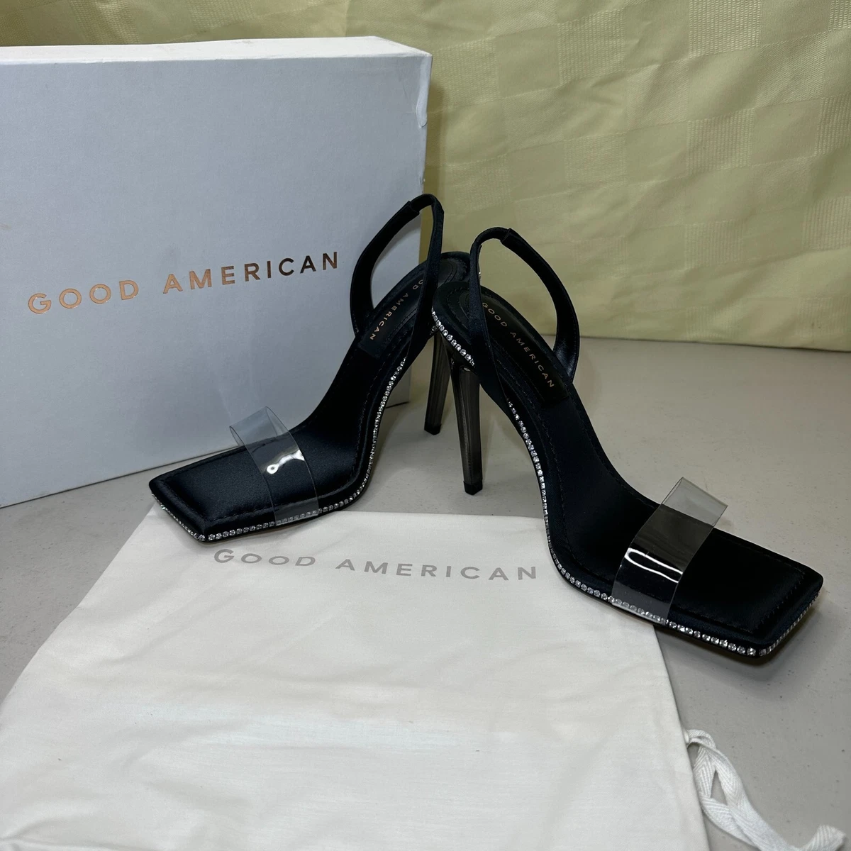 Good American Crystal Crush Lucite Heel Sandal Black GA120KD X Women s Sz 9 NWB