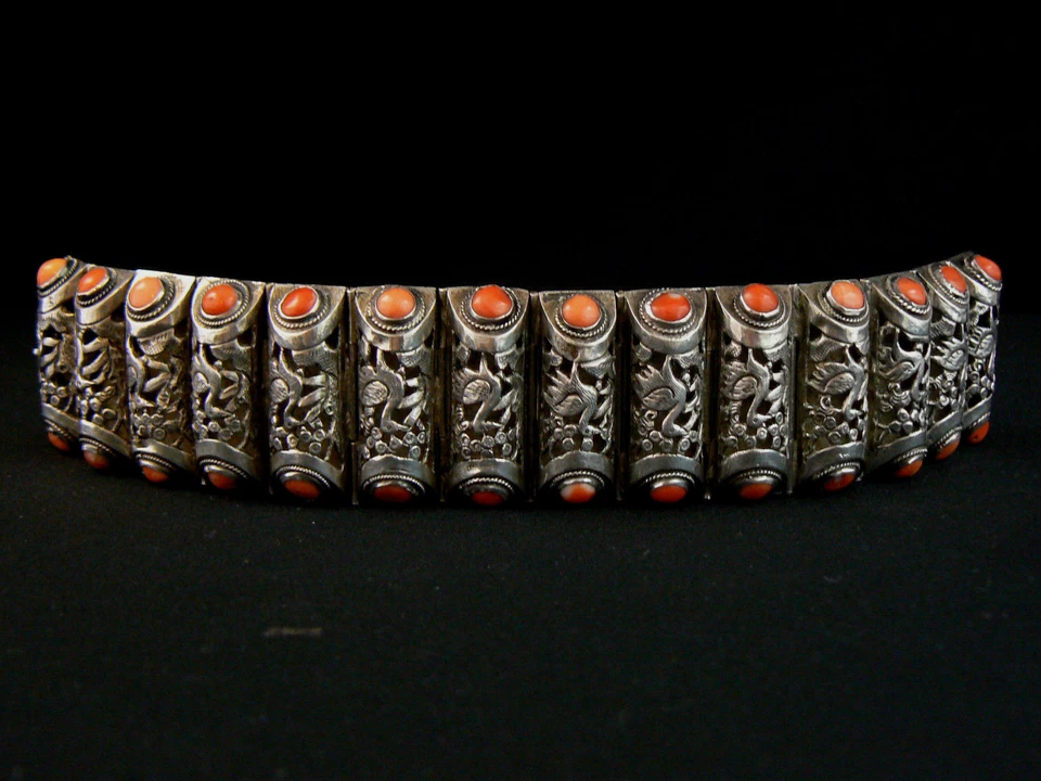 Excelente Pulsera Antigua China de Coral y Plata Hecha en China Exportación Foto 2 de 4
