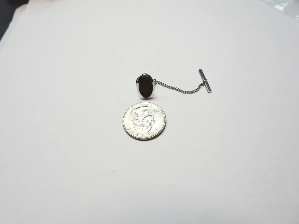 Винтажная металлическая заколка на лацкан галстук овальная серебристая инкрустация дерево - Изображение 3 из 4