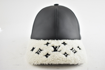 Louis Vuitton Black Leather Shearling Fur Monogram Logo Visor