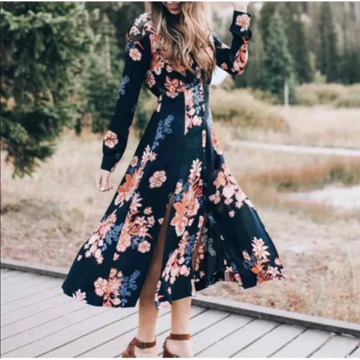 Free People Black Floral Print Long Sleeve Maxi Dress Size Small