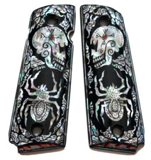 1911 FULL SIZE GRIPS COLT KIMBER RUGER TAURUS SPIDER SKULL BLACK MOTHER PEARL