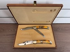 VINTAGE KA-BAR DOG HEAD STAG FOLDING HUNTER 2 KNIFE SET WITH BOX (WCP036153)