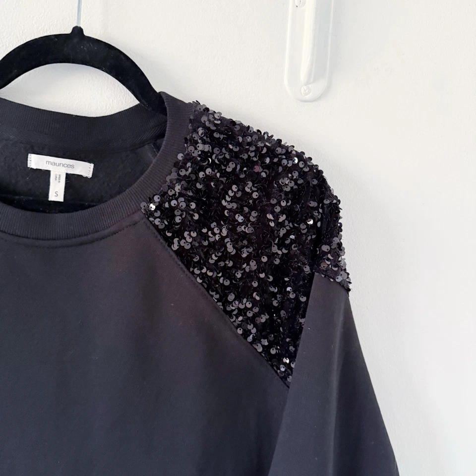 Maurices Women Sz Small Black Sequin Shoulder Pullover Sweatshirt W/ Side Spilt - Image 4 of 4