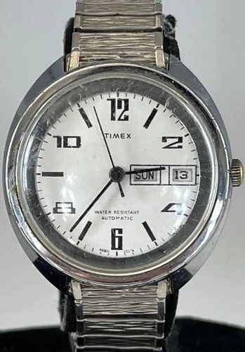 Vintage Mens 1970s Silver Tone Day/Date Timex Automatic Wristwatch Running HB