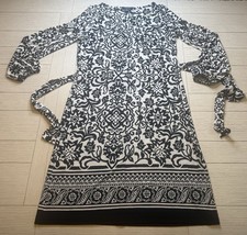Chaps Womens Black White Sz M Floral Dress Belted Long Sleeve Midi Poly Spandex
