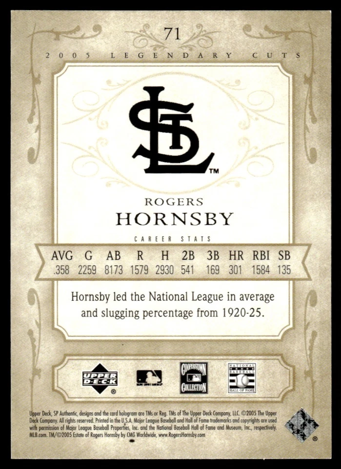 2005 SP Legendary Cuts Rogers Hornsby St. Louis Cardinals #71 - Image 2 of 2