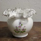 Fenton Silver Crest Violets in Snow Ruffled Rose Bowl Vase Signed Debbie Owens