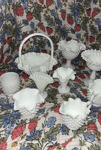 Lot Of 9 Fenton White Milk Glass Hobnail Bowls Basket Toothpick Vase Candy Dish