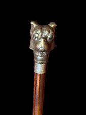 Antique French Unique Cane Walking Stick Bulldog Shape Bronze Pommel 19th C