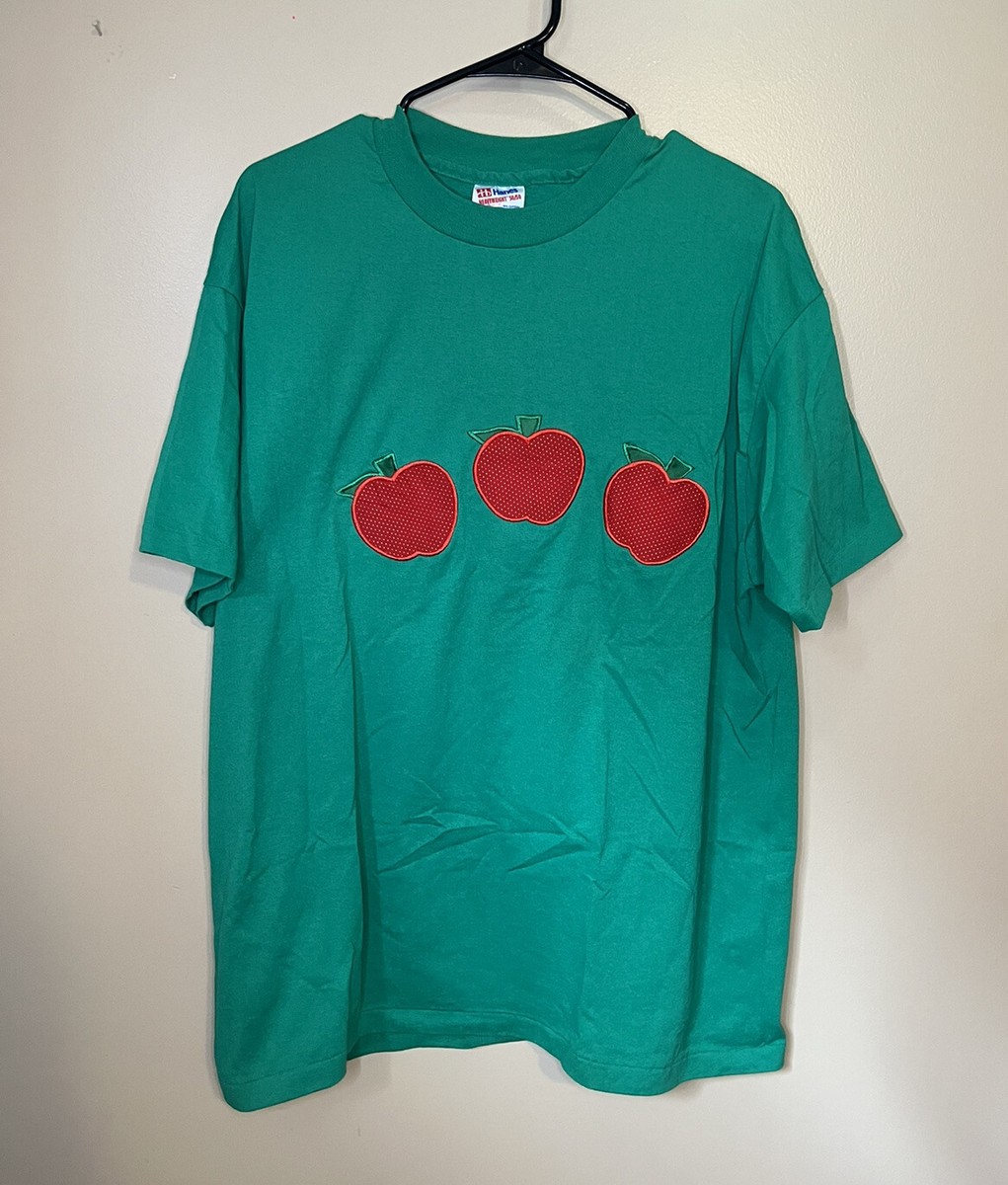 VTG 90s Hanes Heavyweight Single Stitch Embroidered Apple Green T 