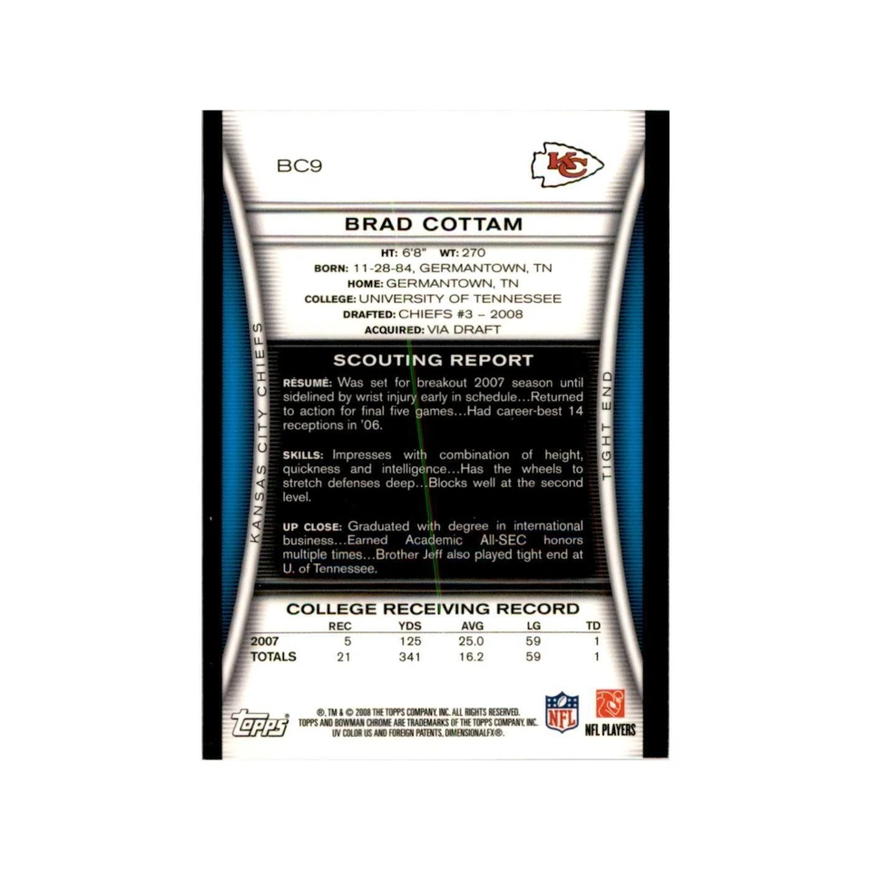 2008 Bowman Chrome Brad Cottam RC Football Cards #9 - Image 2 of 3