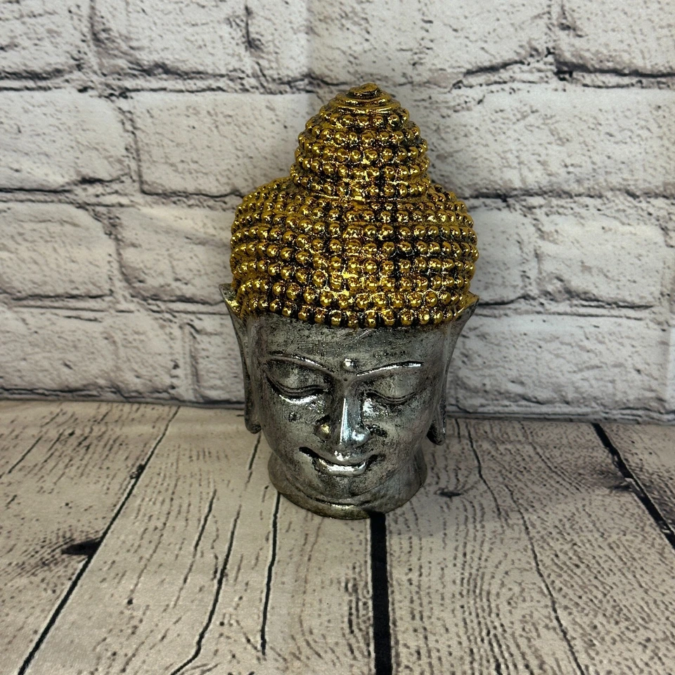 Plata Oro 15 cm Pequeña Cabeza de Buda Tailandés Estatua Resina Hindú Foto 2 de 4