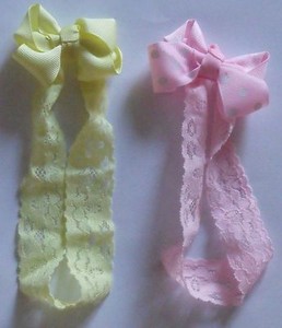 Two Baby Infant Girl Lace Bow Headbands - Pink Polka Dot Yellow - SEE CONDITIONS