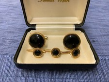 Vintage 1970's Formal Cuff Link  Stud Set Gold Tone Faux Black Onyx center