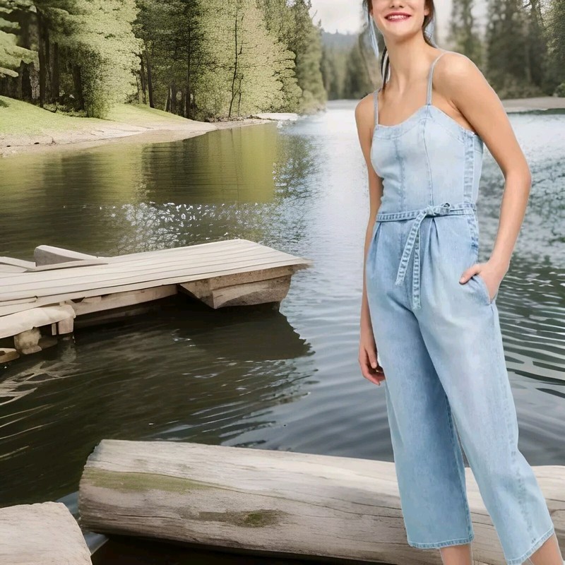 AG Adriano Goldschmied Giselle Straight Leg Cropped Blue Denim Jumpsuit Belted M