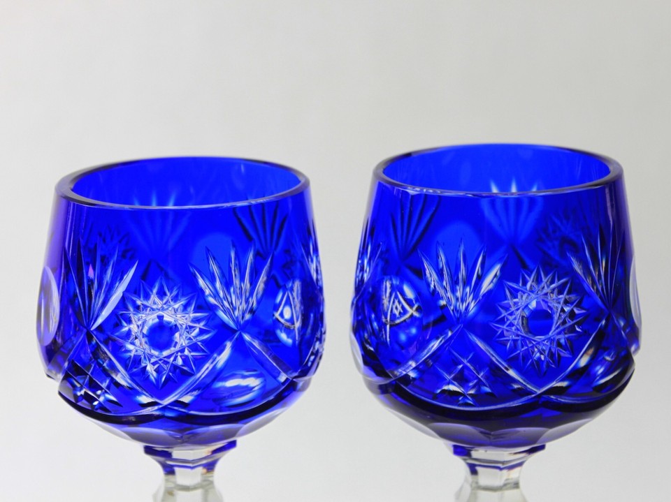 Bohemian Cobalt Blue Cut to Clear Crystal Wine Glass Set eBay
