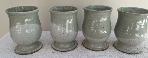 Vintage 1999 Set of Four Light Green Art Pottery Cups Signed DMS