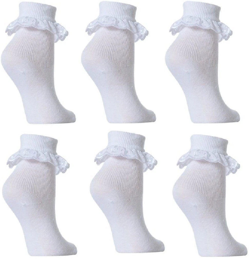 6 Pairs Girls White Lace Frilly Broderie Anglaise Ankle Socks Various sizes