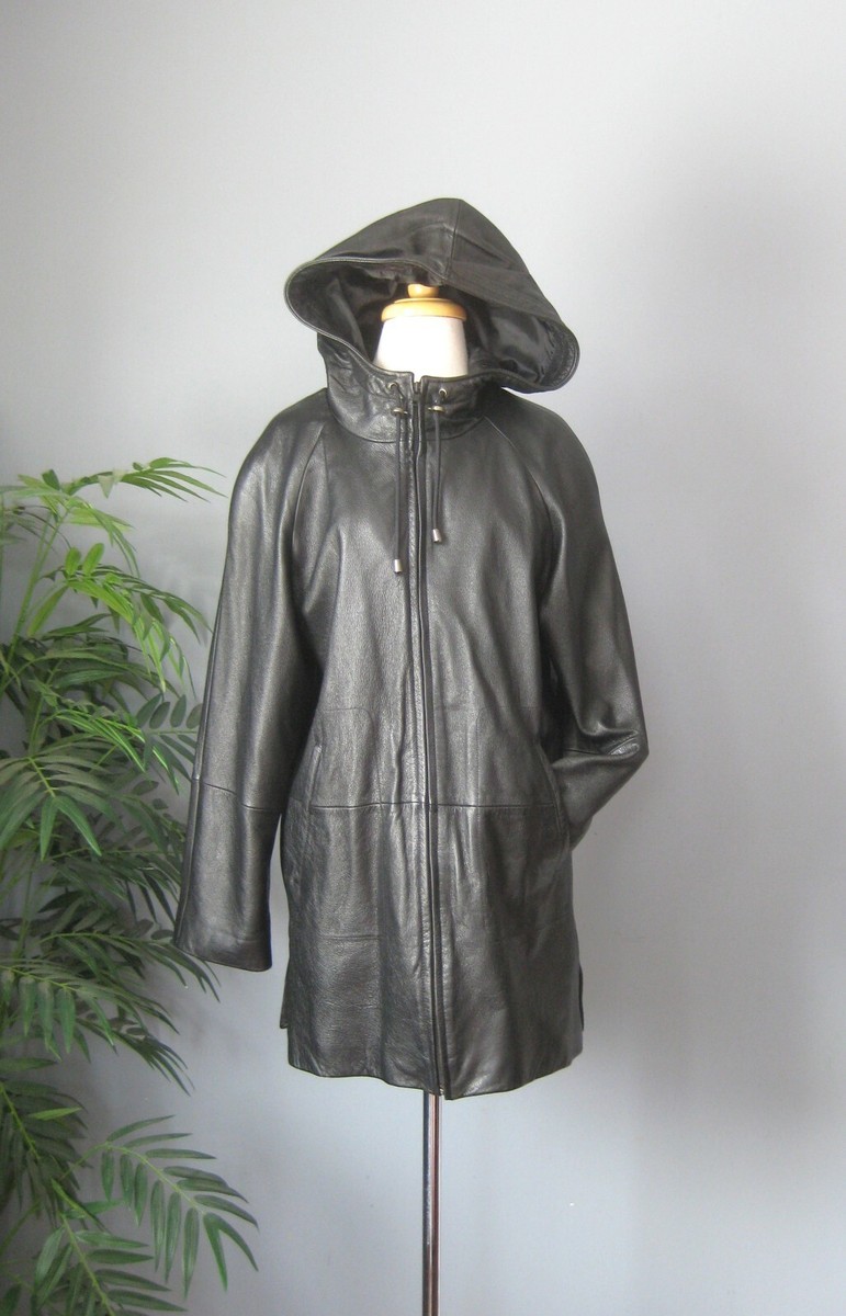 Vintage Wilsons Leather Car Coat black hooded with hood and Vintage Wilsons Leather Car Coat black hooded with hood and