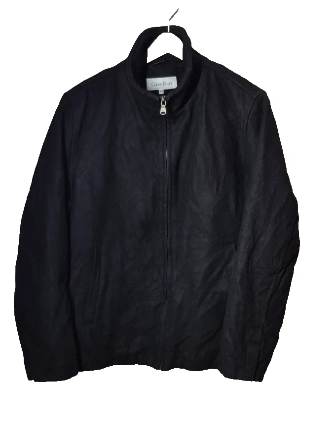 Calvin Klein Jacket Mens Medium Black Wool Blend Zip Front Quilted Lined Bomber