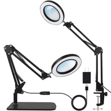 2-in-1 LED Magnifier Desk Lamp with Clamp,Magnifying Glass with Light and Sta...