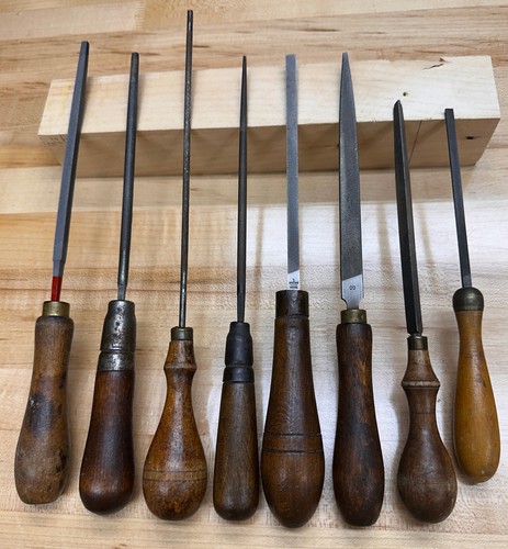 Lot of 8 Vintage Antique Machinest Woodworking Files, Rasps Wooden Handles 8-11"