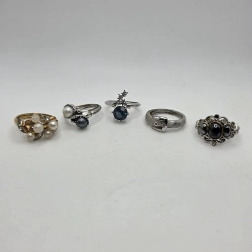 Vintage Avon Ring Lot Signed Pearl Blue Stone Silver Tone Costume Jewelry