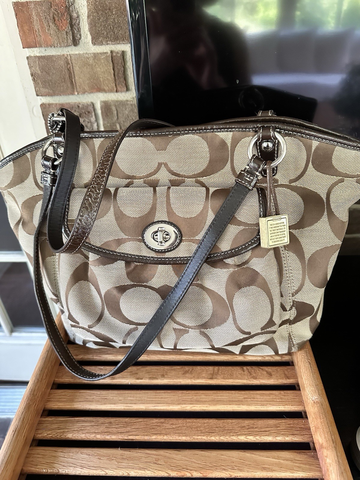 Coach Signature Brown Logo Leather & Canvas Women's Handbag