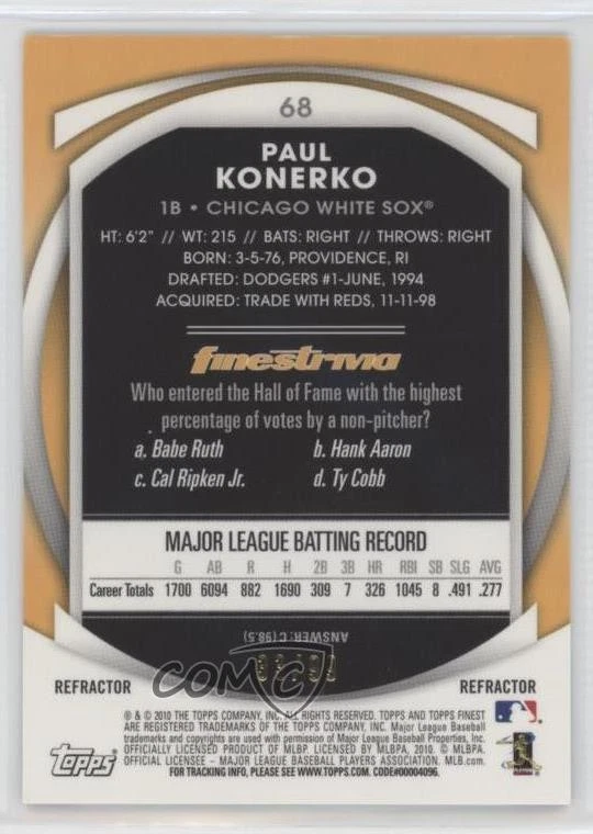 2010 Topps Finest Green Refractor /99 Paul Konerko #68 - Image 2 of 2