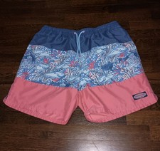 Vineyard Vines Swim Trunks Mens Large Fish Coral Pattern Blue Pink Striped Lined